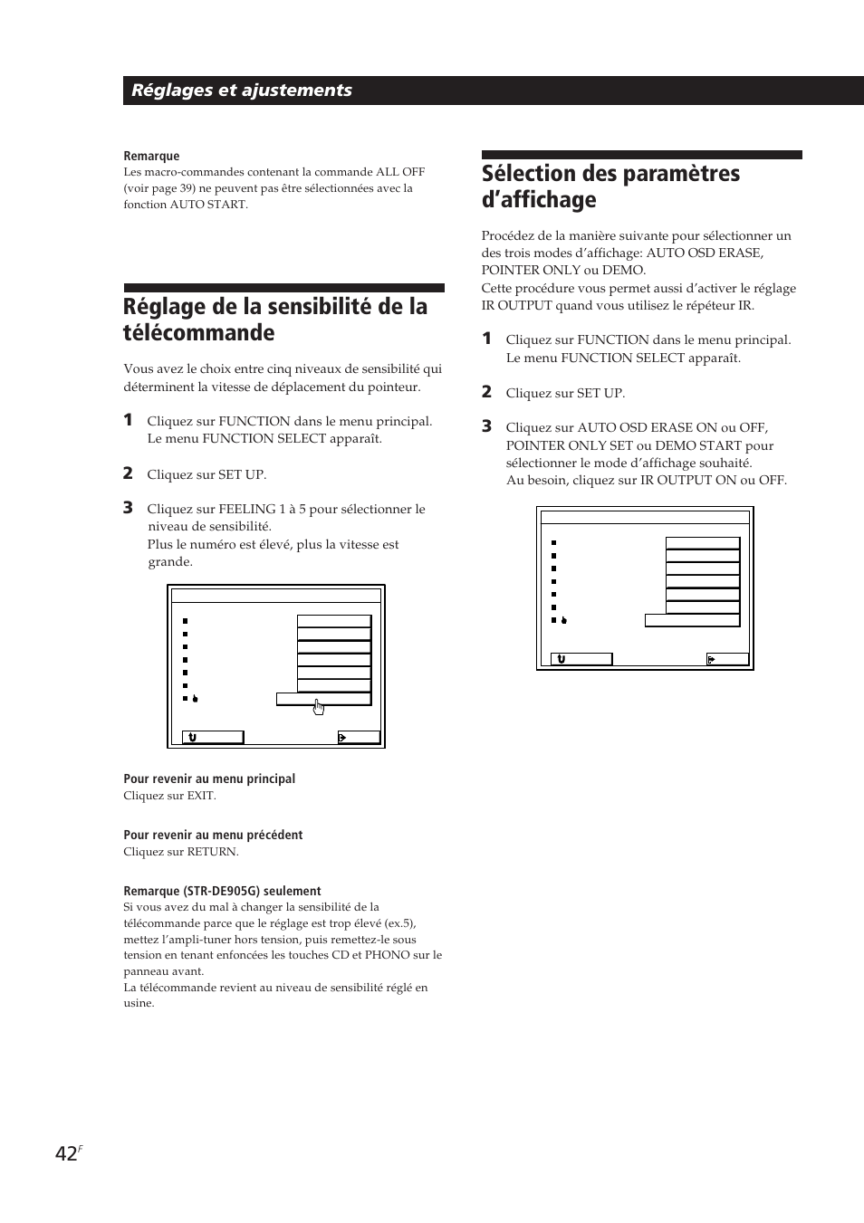 Réglage de la sensibilité de la télécommande, Sélection des paramètres d’affichage, Réglages et ajustements | Sony STR-DE905G User Manual | Page 92 / 200