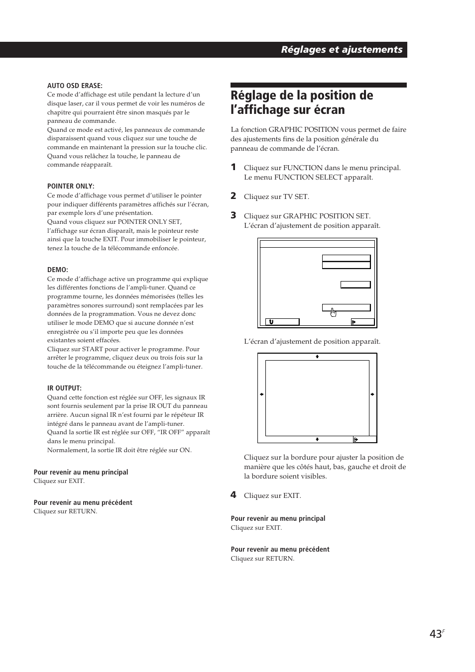 Réglage de la position de l’affichage sur écran, Réglages et ajustements | Sony STR-DE905G User Manual | Page 93 / 200