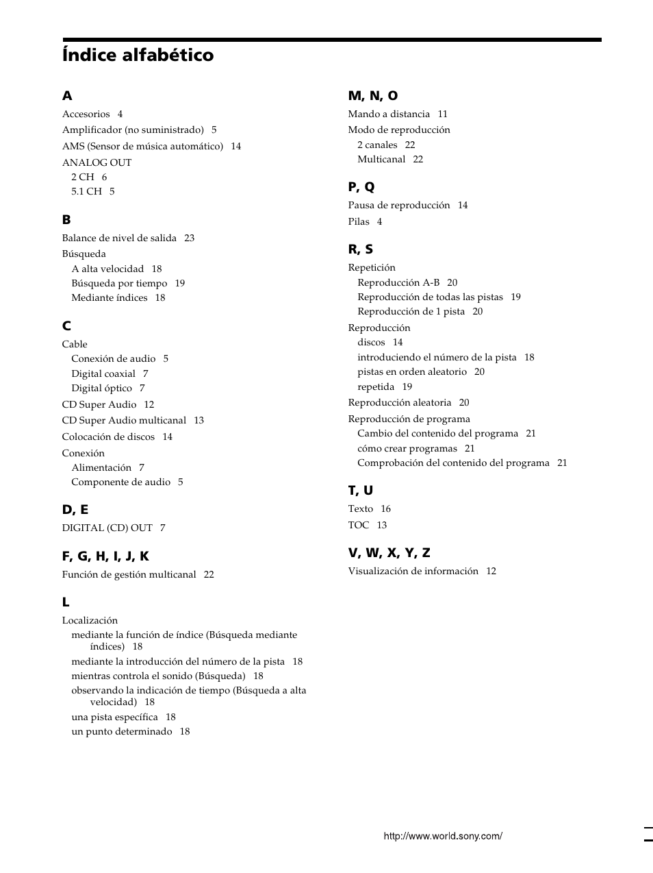 Índice alfabético, D, e, F, g, h, i, j, k | M, n, o, P, q, R, s, T, u, V, w, x, y, z | Sony SCD-XB770 User Manual | Page 112 / 112