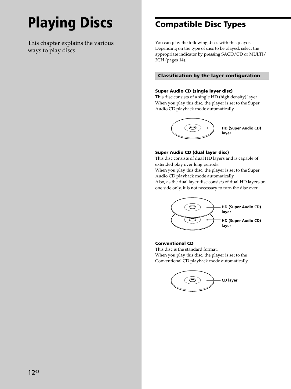 Playing discs, Compatible disc types | Sony SCD-XB770 User Manual | Page 12 / 112