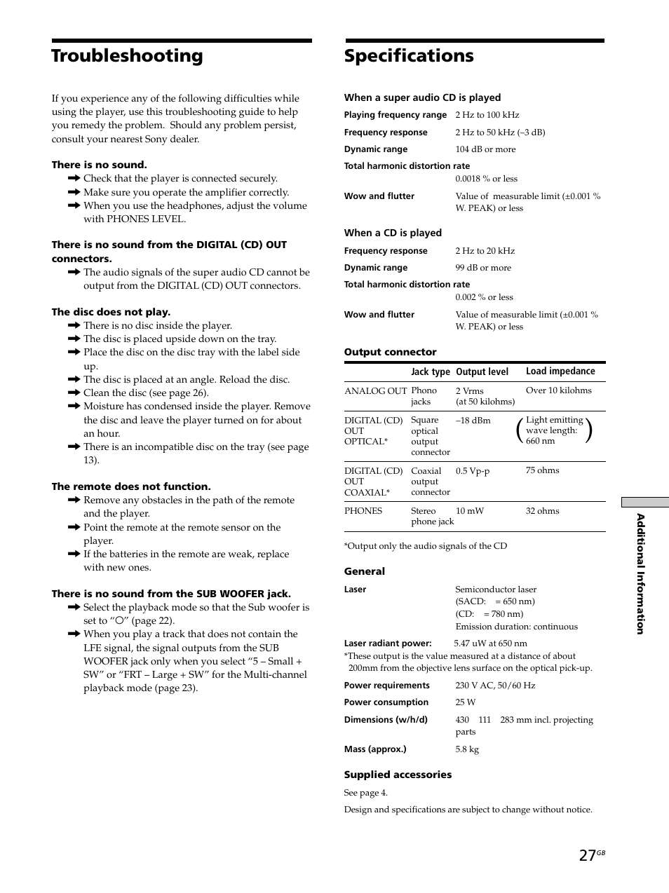 Troubleshooting specifications | Sony SCD-XB770 User Manual | Page 27 / 112