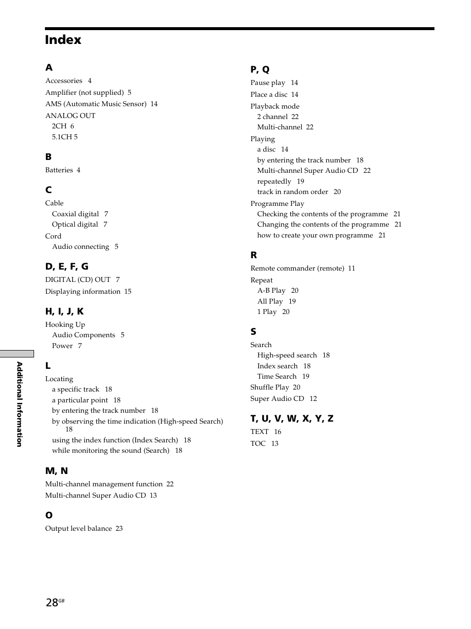 Index, D, e, f, g, H, i, j, k | M, n, P, q, T, u, v, w, x, y, z | Sony SCD-XB770 User Manual | Page 28 / 112