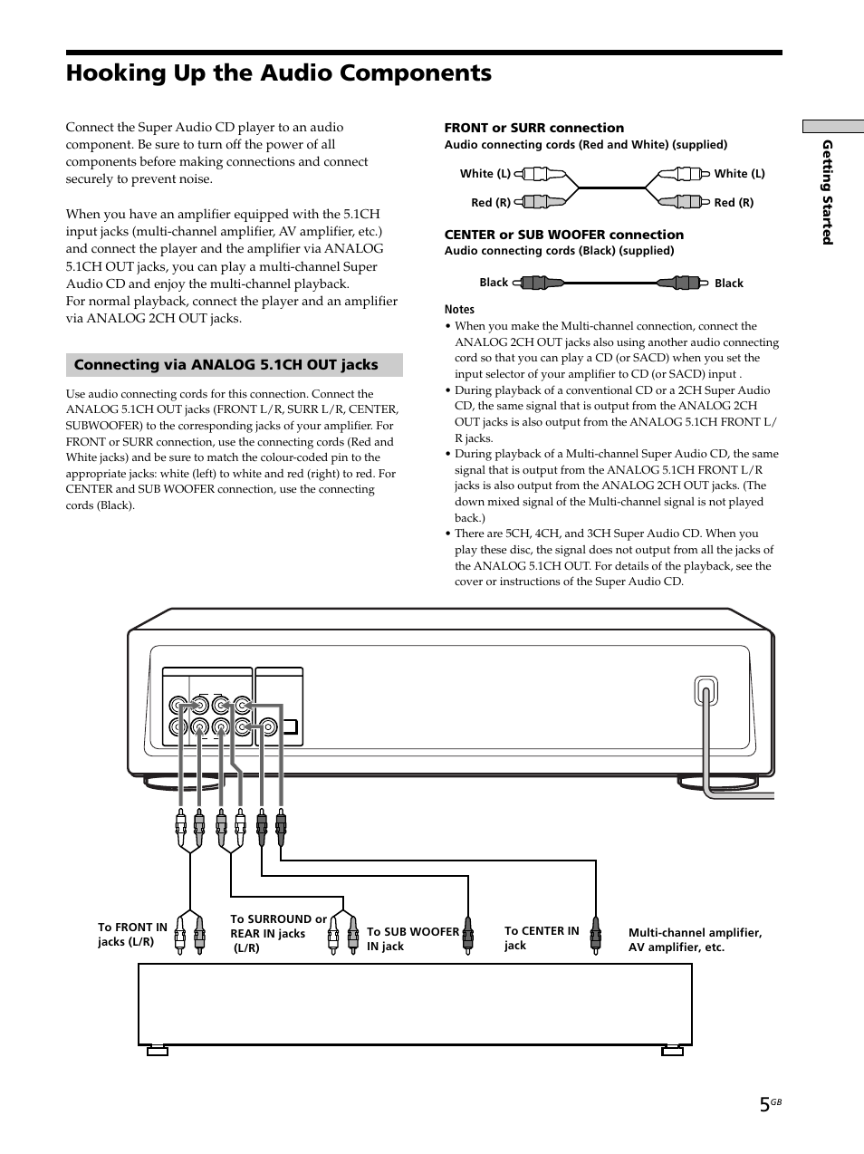 Hooking up the audio components, Connecting via analog 5.1ch out jacks | Sony SCD-XB770 User Manual | Page 5 / 112