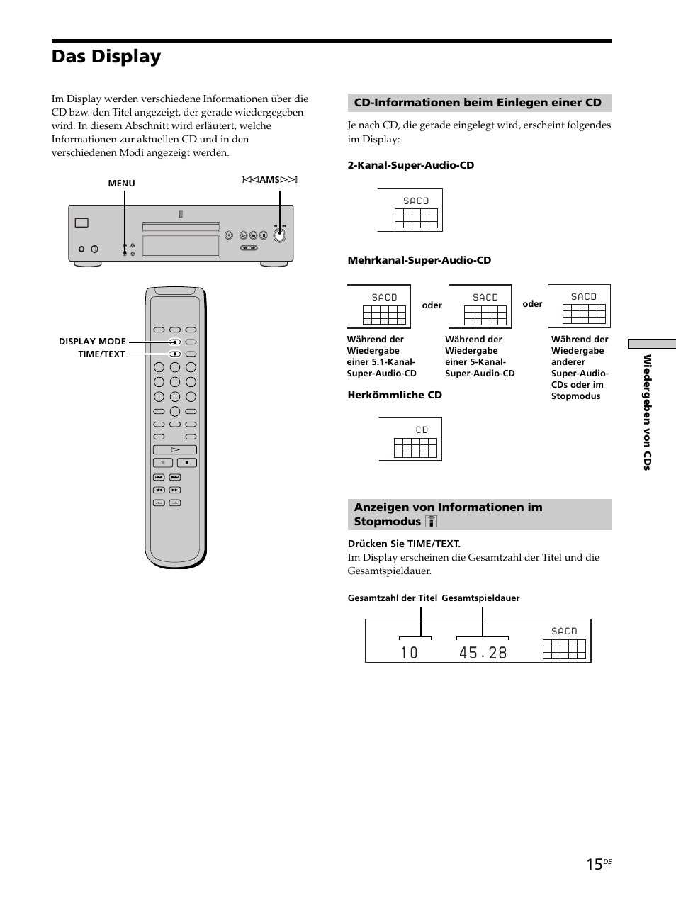Das display, Cd-informationen beim einlegen einer cd, Anzeigen von informationen im stopmodus z | Wiedergeben von cds | Sony SCD-XB770 User Manual | Page 71 / 112