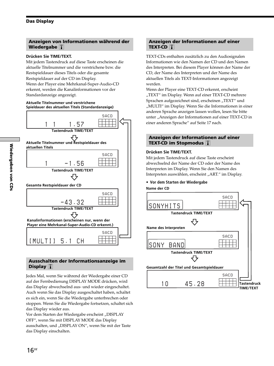 Ausschalten der informationsanzeige im display z, Anzeigen der informationen auf einer text-cd z, Das display | Wiedergeben von cds | Sony SCD-XB770 User Manual | Page 72 / 112