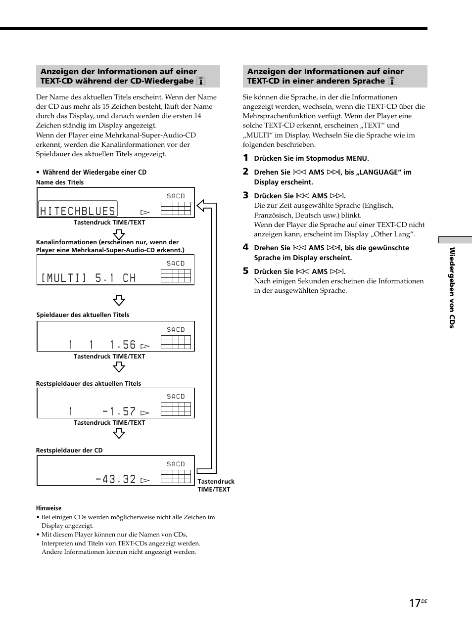 Wiedergeben von cds, Während der wiedergabe einer cd, Drücken sie im stopmodus menu | Sony SCD-XB770 User Manual | Page 73 / 112