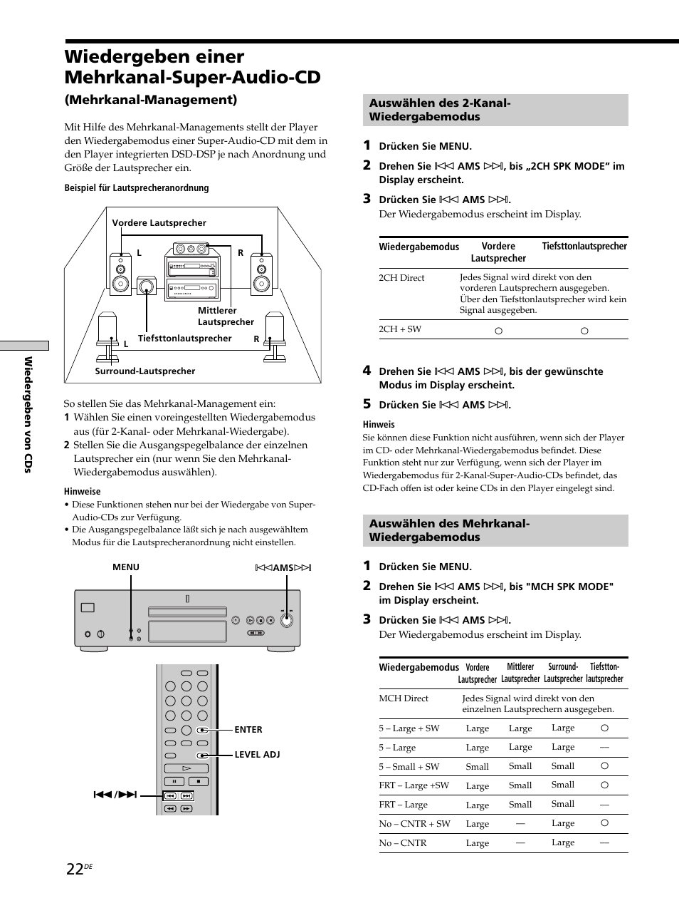 Wiedergeben einer mehrkanal-super-audio-cd, Mehrkanal-management) | Sony SCD-XB770 User Manual | Page 78 / 112