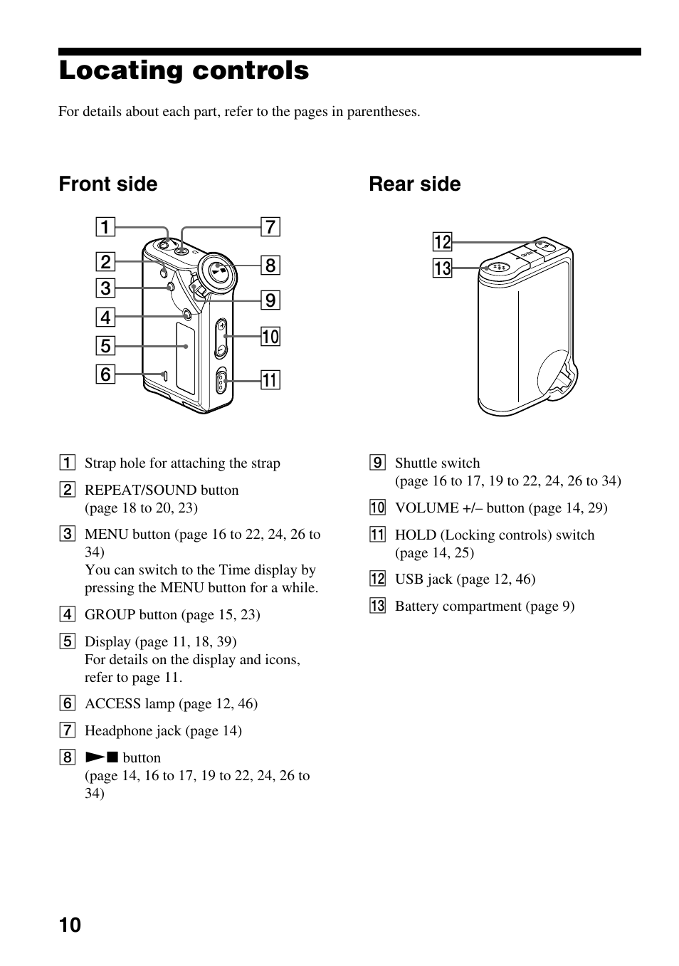 Locating controls, Front side, Rear side | Rear side front side, Qs qd | Sony NW-E99 User Manual | Page 10 / 52