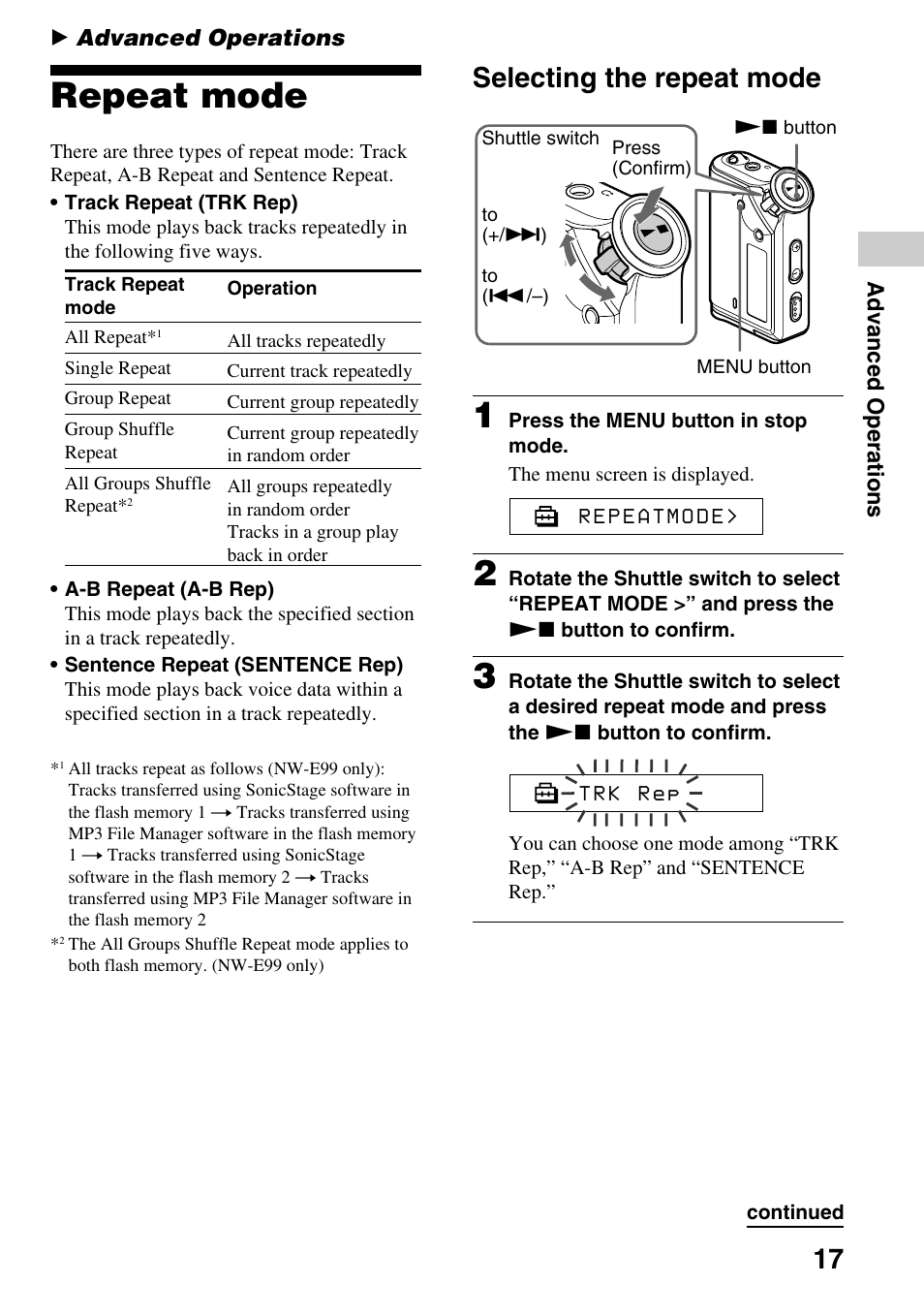 Advanced operations, Repeat mode, Selecting the repeat mode | Sony NW-E99 User Manual | Page 17 / 52