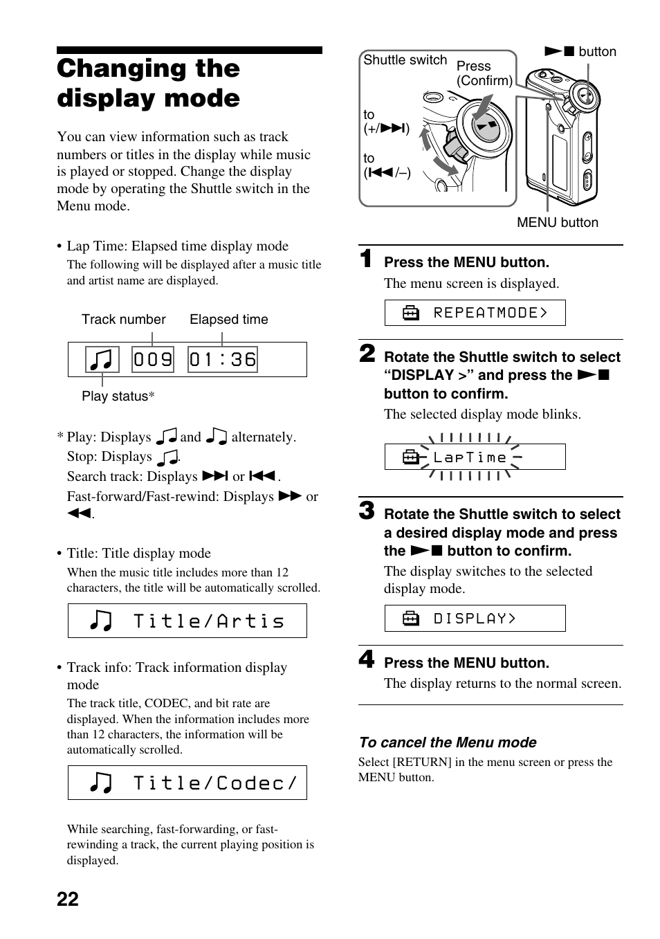 Changing the display mode | Sony NW-E99 User Manual | Page 22 / 52