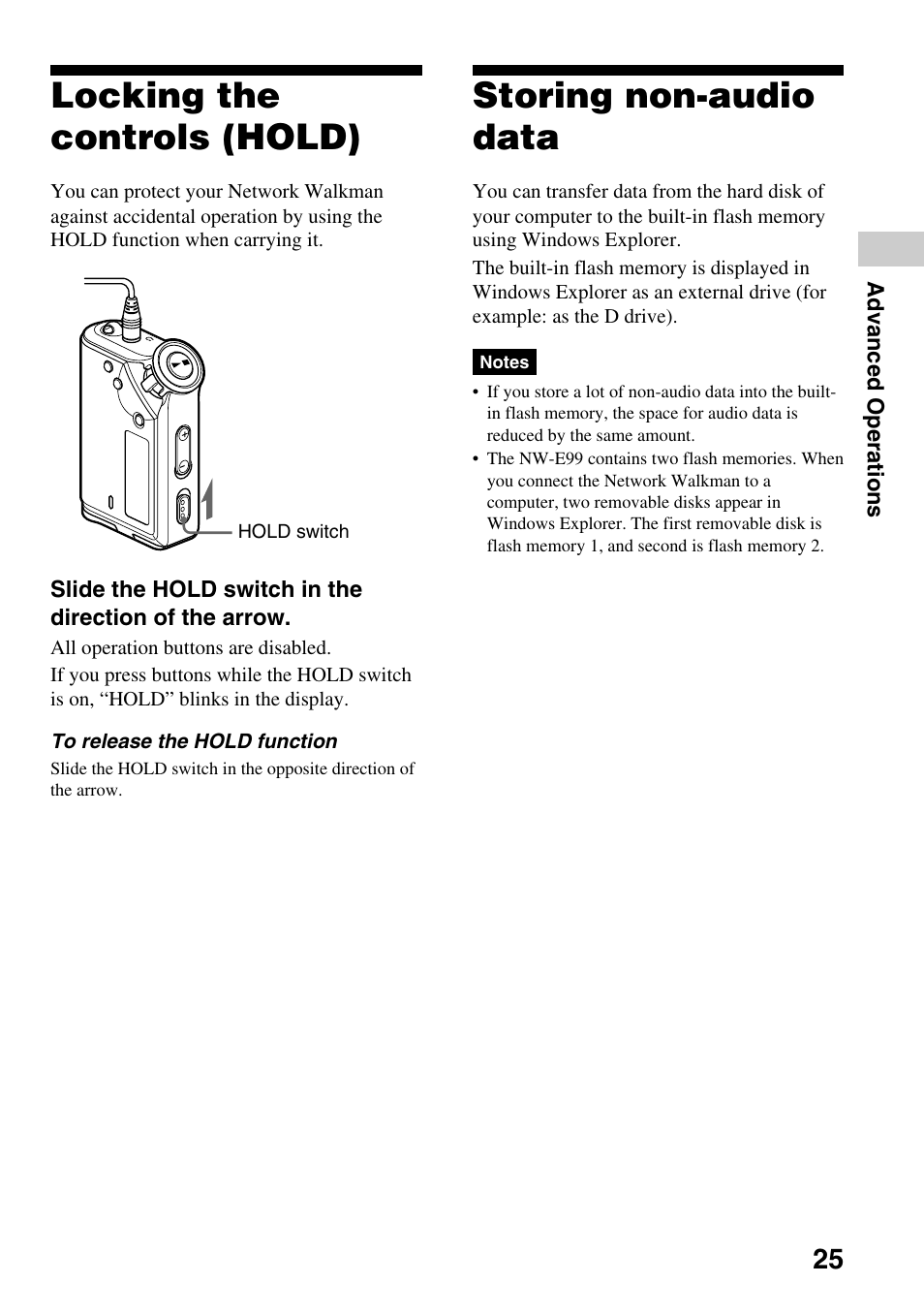 Locking the controls (hold), Storing non-audio data, Advanced operations | Sony NW-E99 User Manual | Page 25 / 52