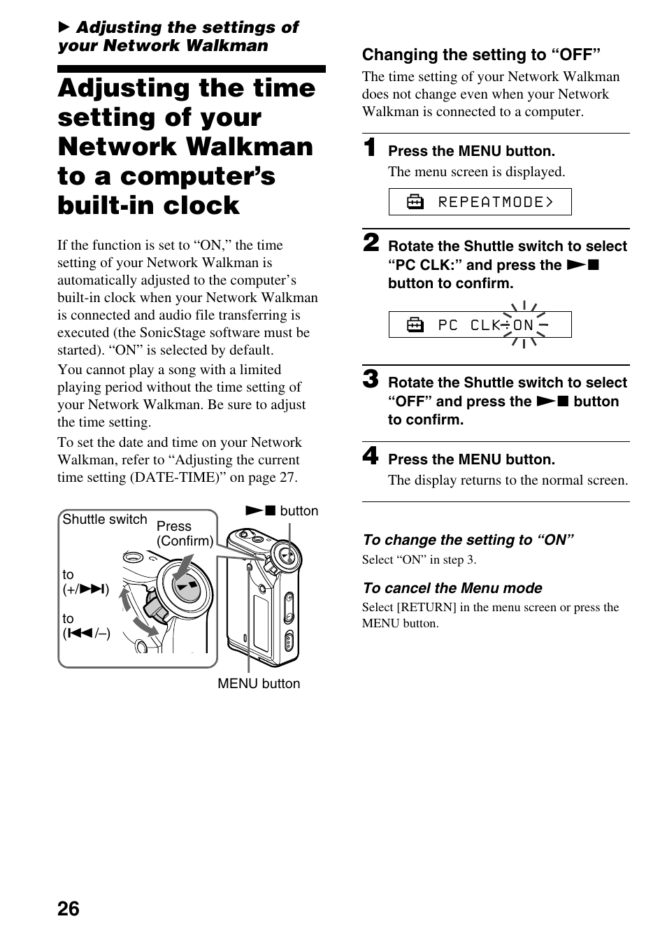 Adjusting the settings of your network walkman, Changing the setting to “off | Sony NW-E99 User Manual | Page 26 / 52