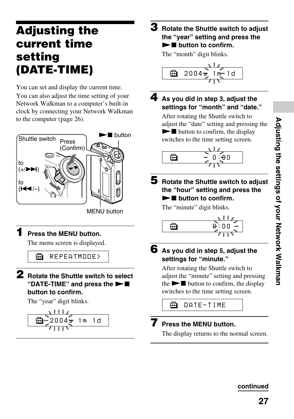 Adjusting the current time setting (date-time) | Sony NW-E99 User Manual | Page 27 / 52