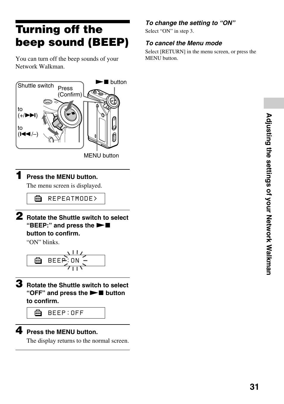 Turning off the beep sound (beep), Adjusting the settings of your network walkman | Sony NW-E99 User Manual | Page 31 / 52