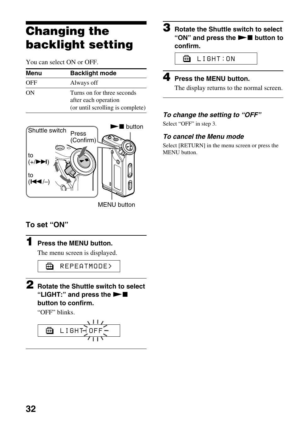 Changing the backlight setting | Sony NW-E99 User Manual | Page 32 / 52