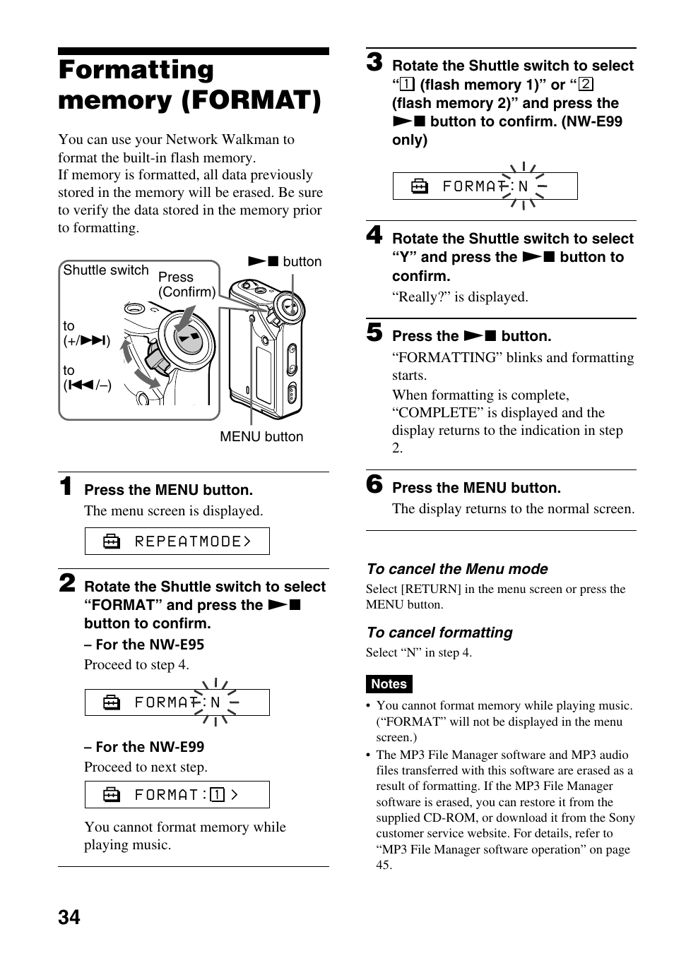 Formatting memory (format) | Sony NW-E99 User Manual | Page 34 / 52