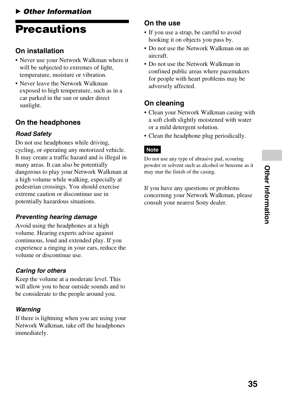 Other information, Precautions | Sony NW-E99 User Manual | Page 35 / 52