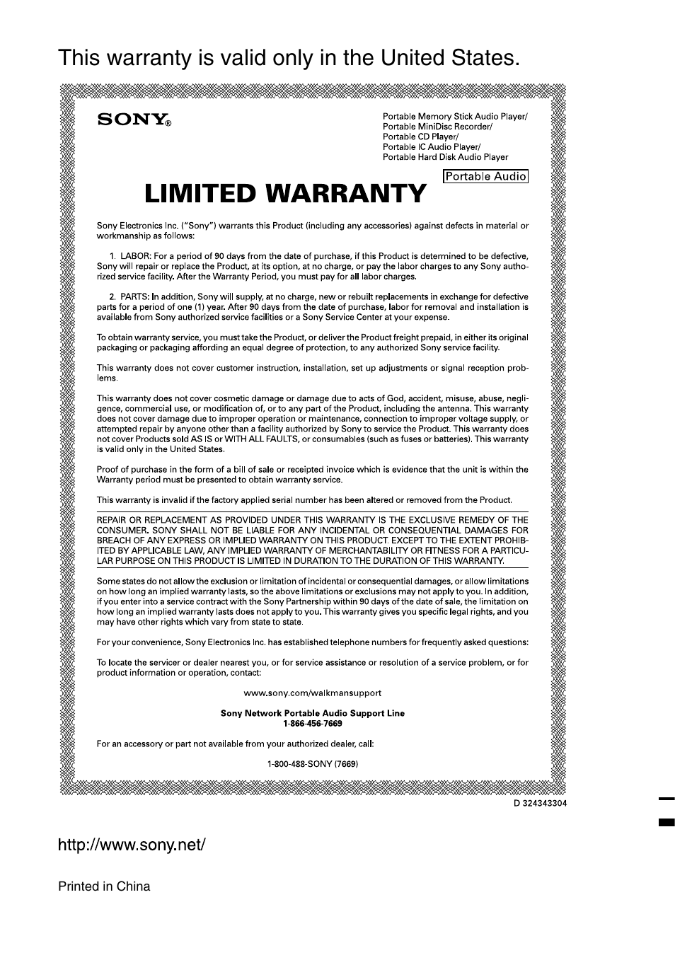 This warranty is valid only in the united states | Sony NW-E99 User Manual | Page 52 / 52