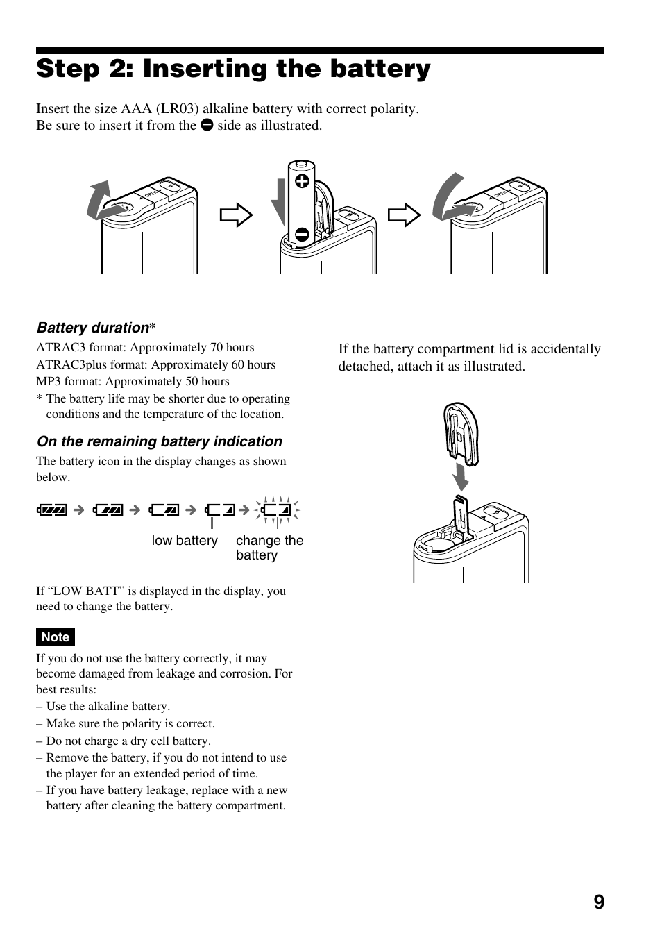 Step 2: inserting the battery | Sony NW-E99 User Manual | Page 9 / 52