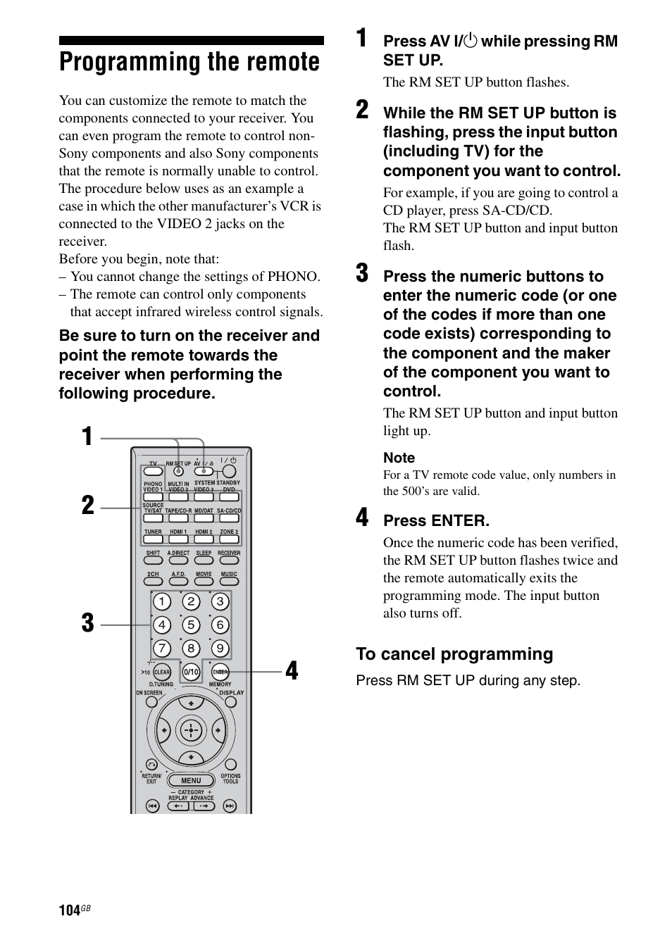 Programming the remote, E 104) | Sony STR-DG1000 User Manual | Page 104 / 123