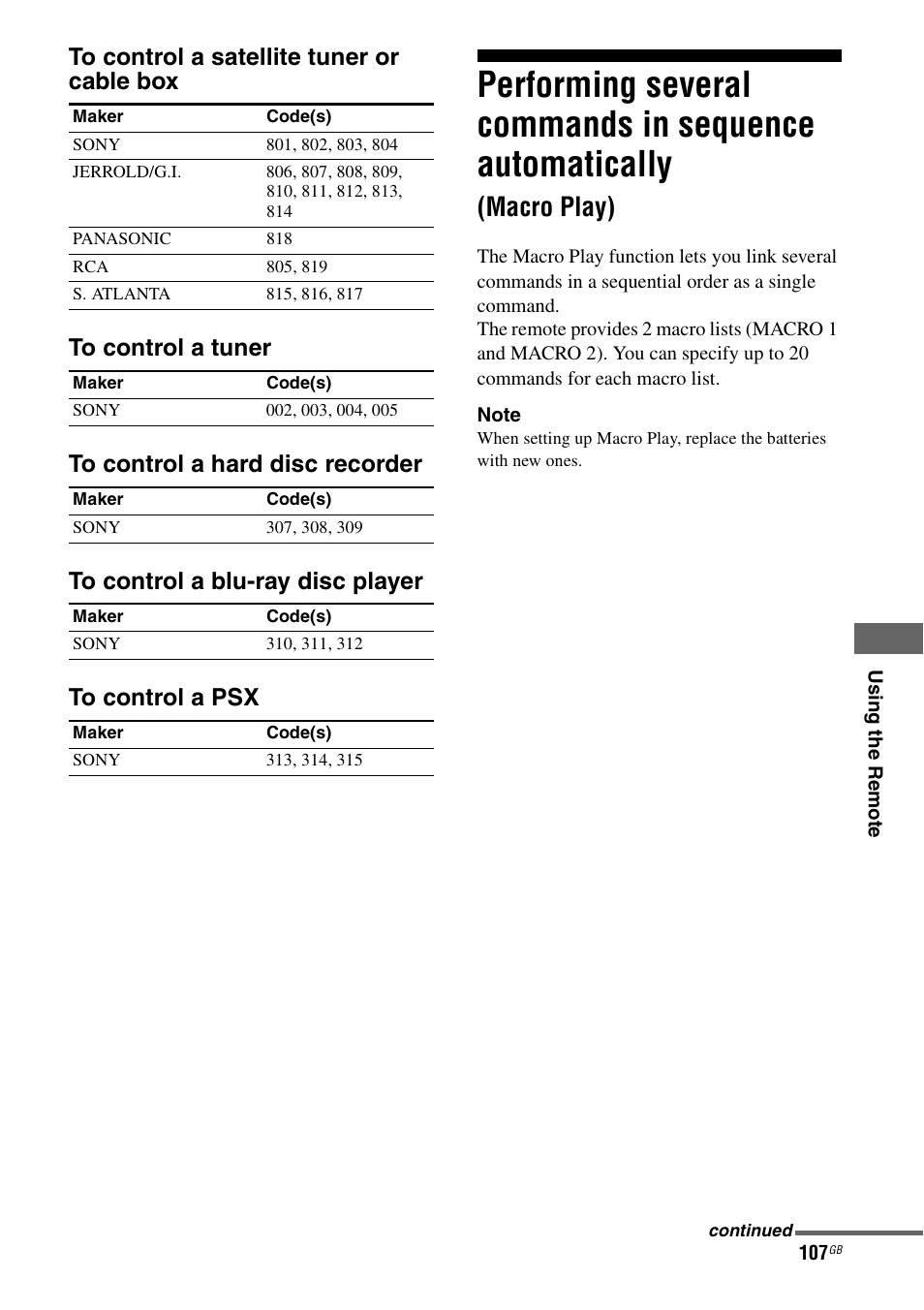 Performing several commands in sequence, Automatically (macro play), Macro play) | Sony STR-DG1000 User Manual | Page 107 / 123