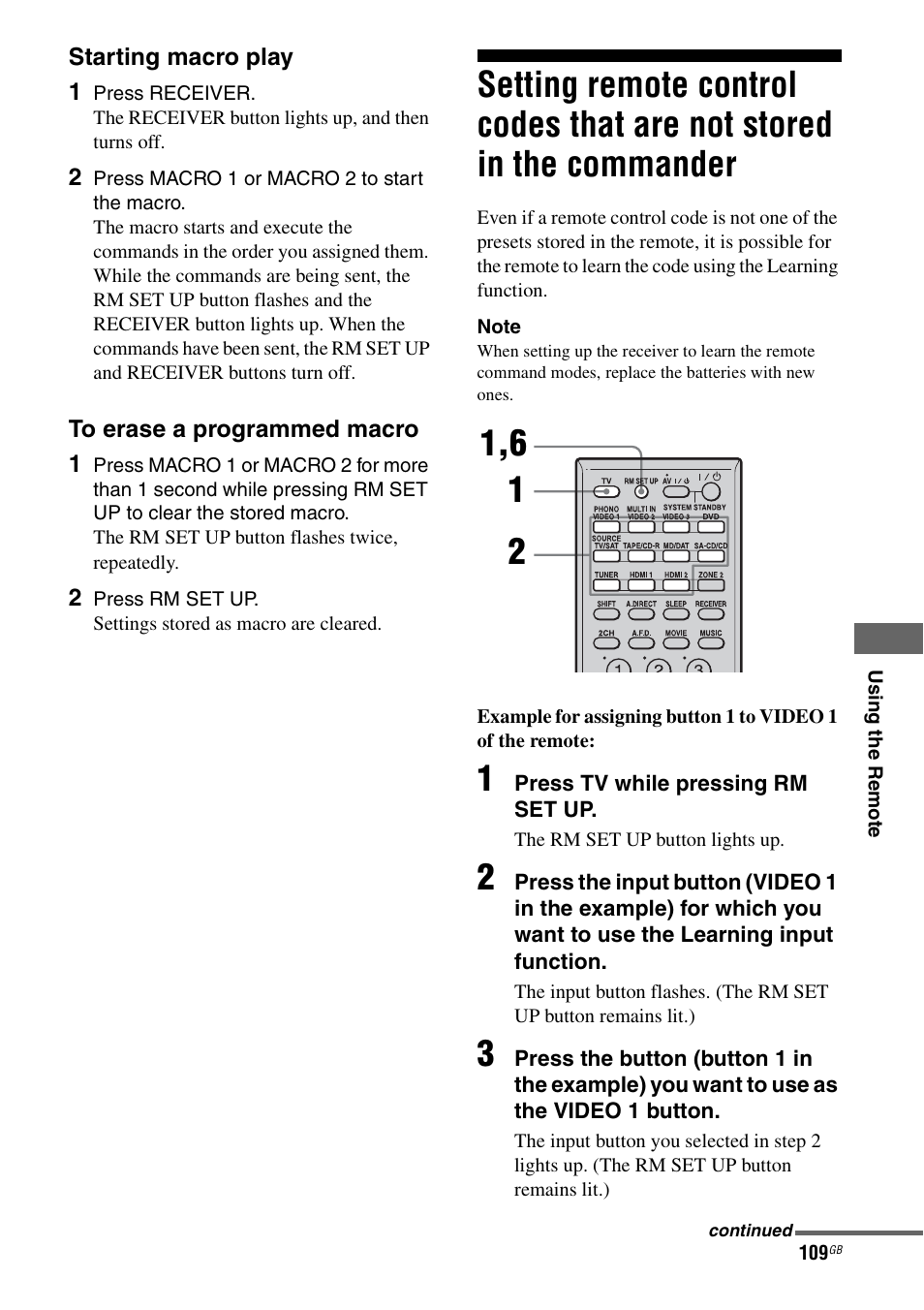 Setting remote control codes that are not, Stored in the commander | Sony STR-DG1000 User Manual | Page 109 / 123