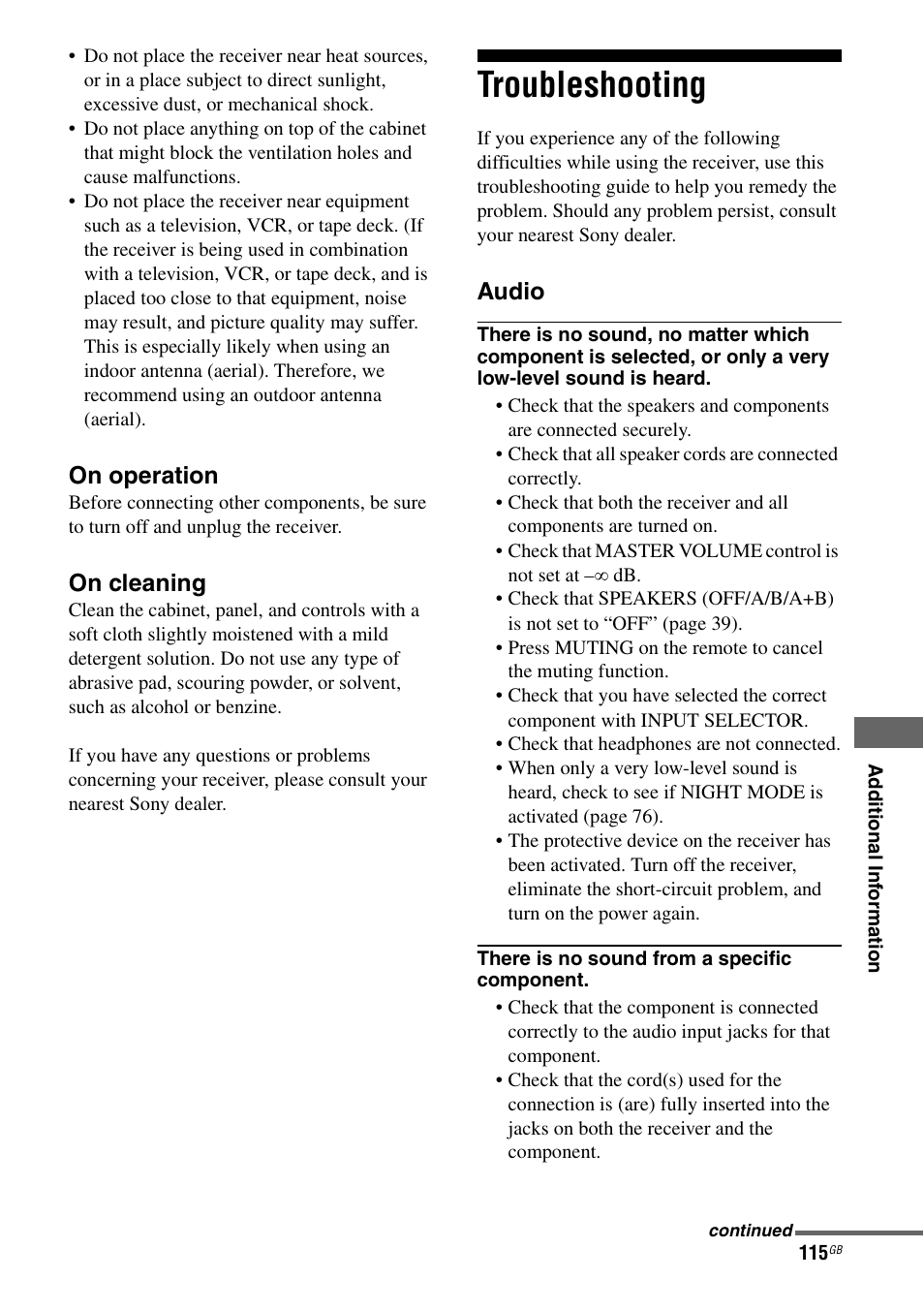 Troubleshooting, On operation, On cleaning | Audio | Sony STR-DG1000 User Manual | Page 115 / 123