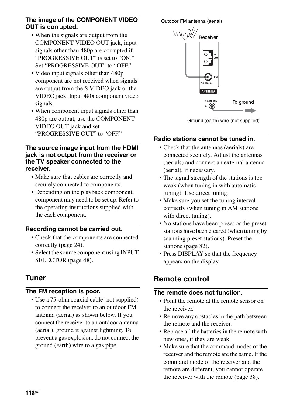 Tuner, Remote control | Sony STR-DG1000 User Manual | Page 118 / 123