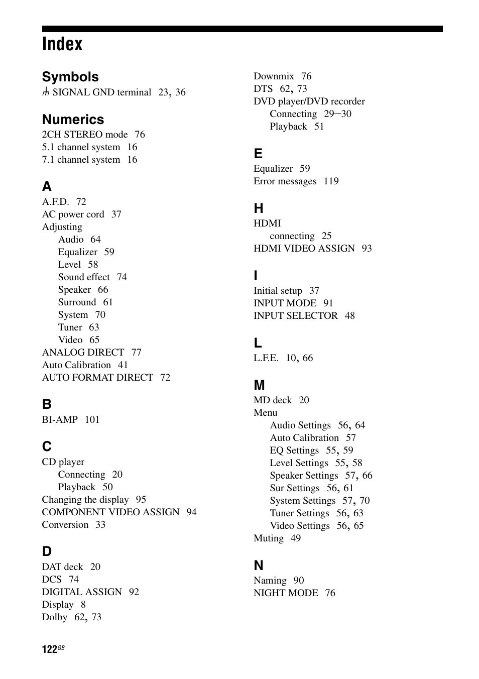 Index, Symbols, Numerics | Sony STR-DG1000 User Manual | Page 122 / 123