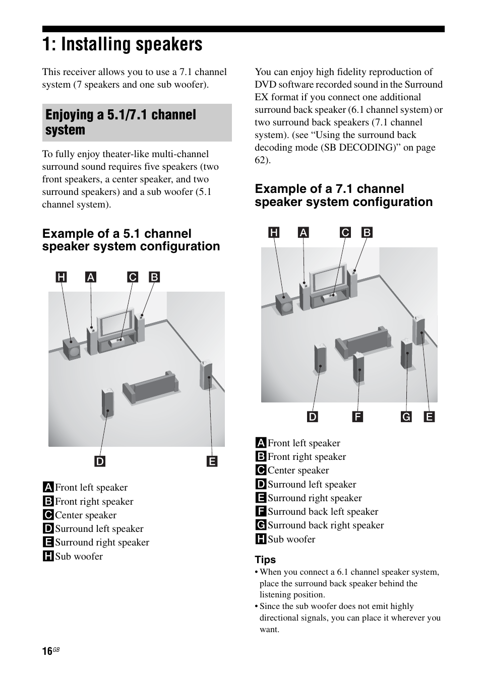 Installing speakers, Enjoying a 5.1/7.1 channel system | Sony STR-DG1000 User Manual | Page 16 / 123