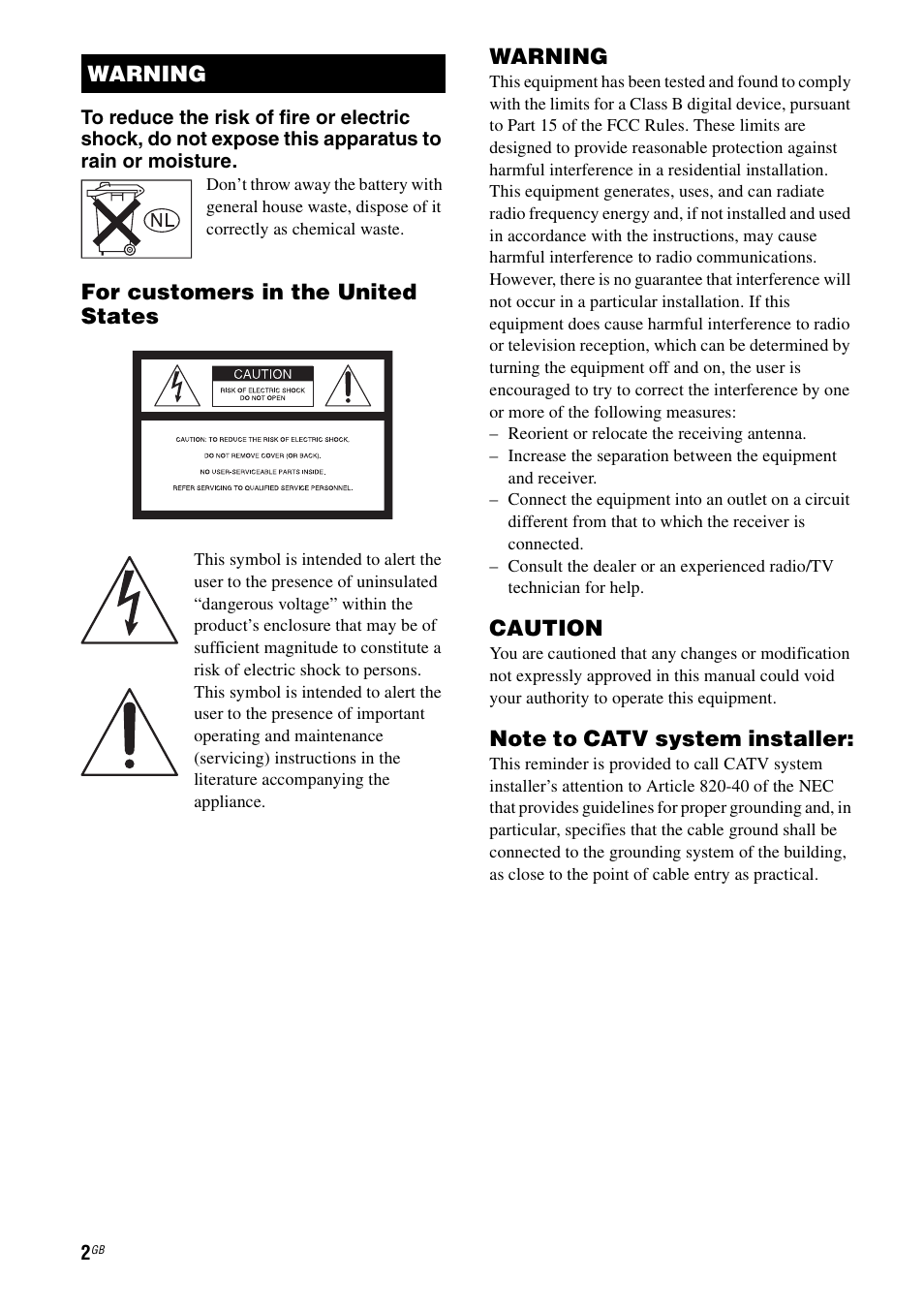 For customers in the united states, Warning, Caution | Sony STR-DG1000 User Manual | Page 2 / 123