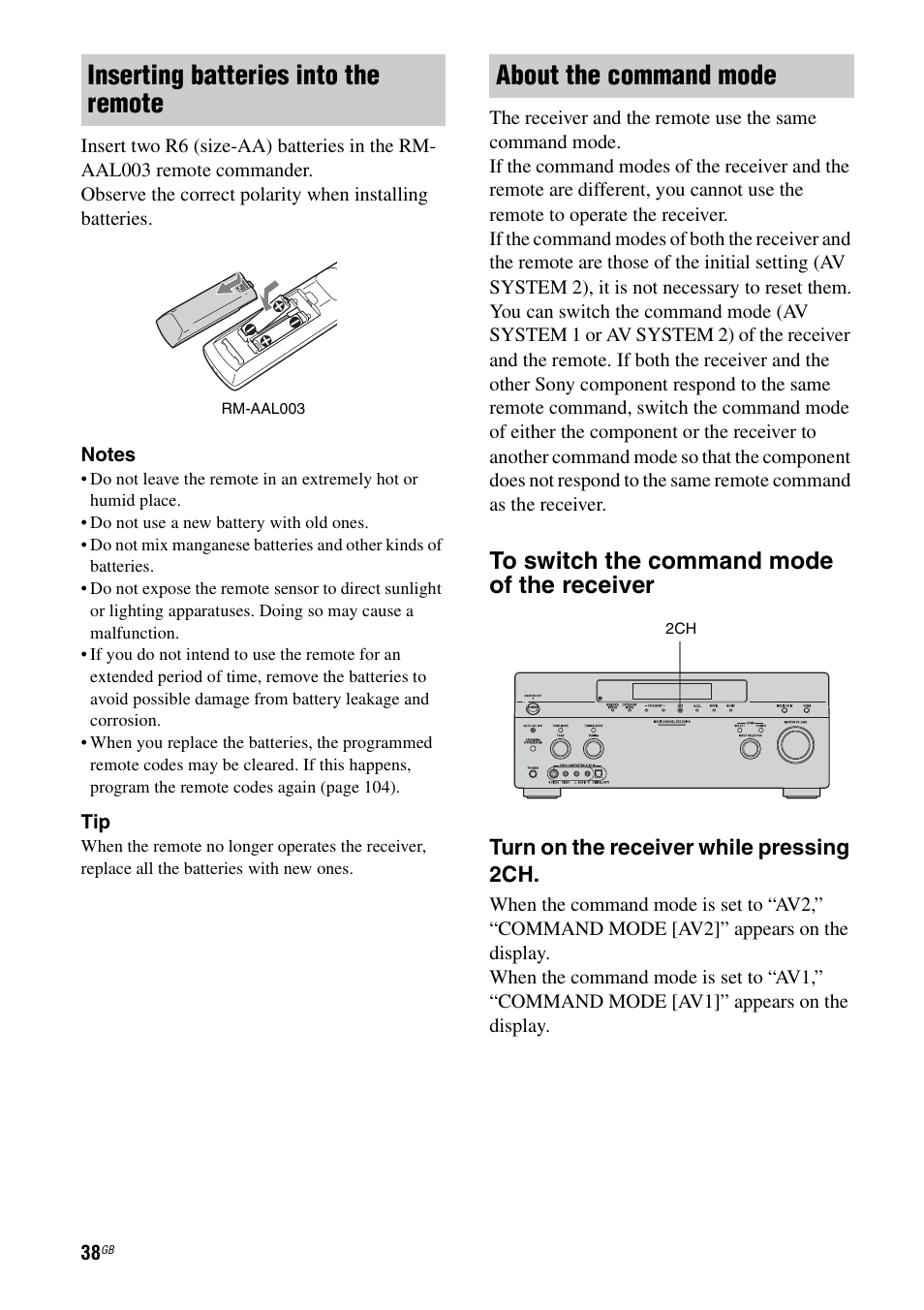 Inserting batteries into the remote, About the command mode | Sony STR-DG1000 User Manual | Page 38 / 123