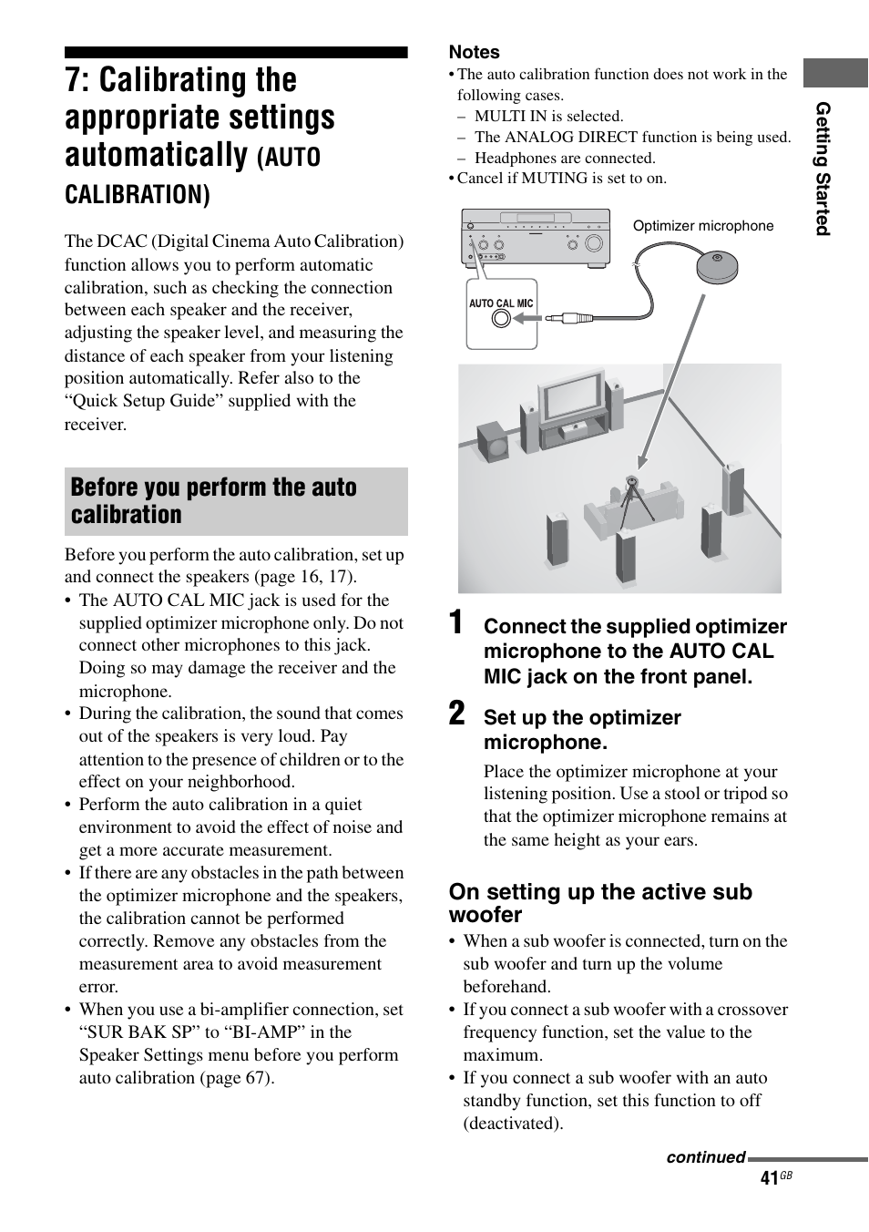 Calibrating the appropriate settings, Automatically (auto calibration), Calibrating the appropriate settings automatically | Auto calibration), Before you perform the auto calibration | Sony STR-DG1000 User Manual | Page 41 / 123