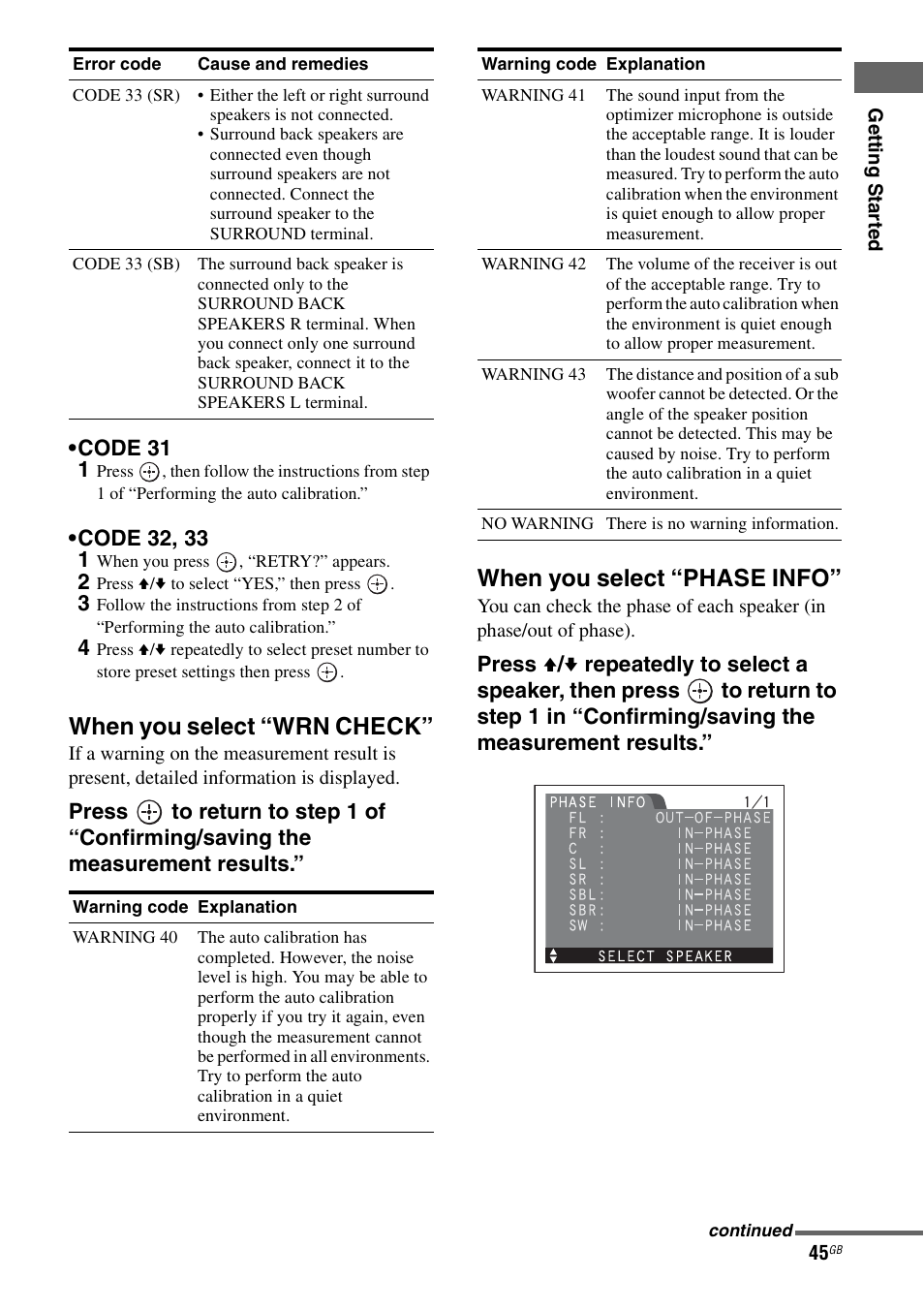 When you select “wrn check, E “when you select “phase info, E 45) | When you select “phase info | Sony STR-DG1000 User Manual | Page 45 / 123