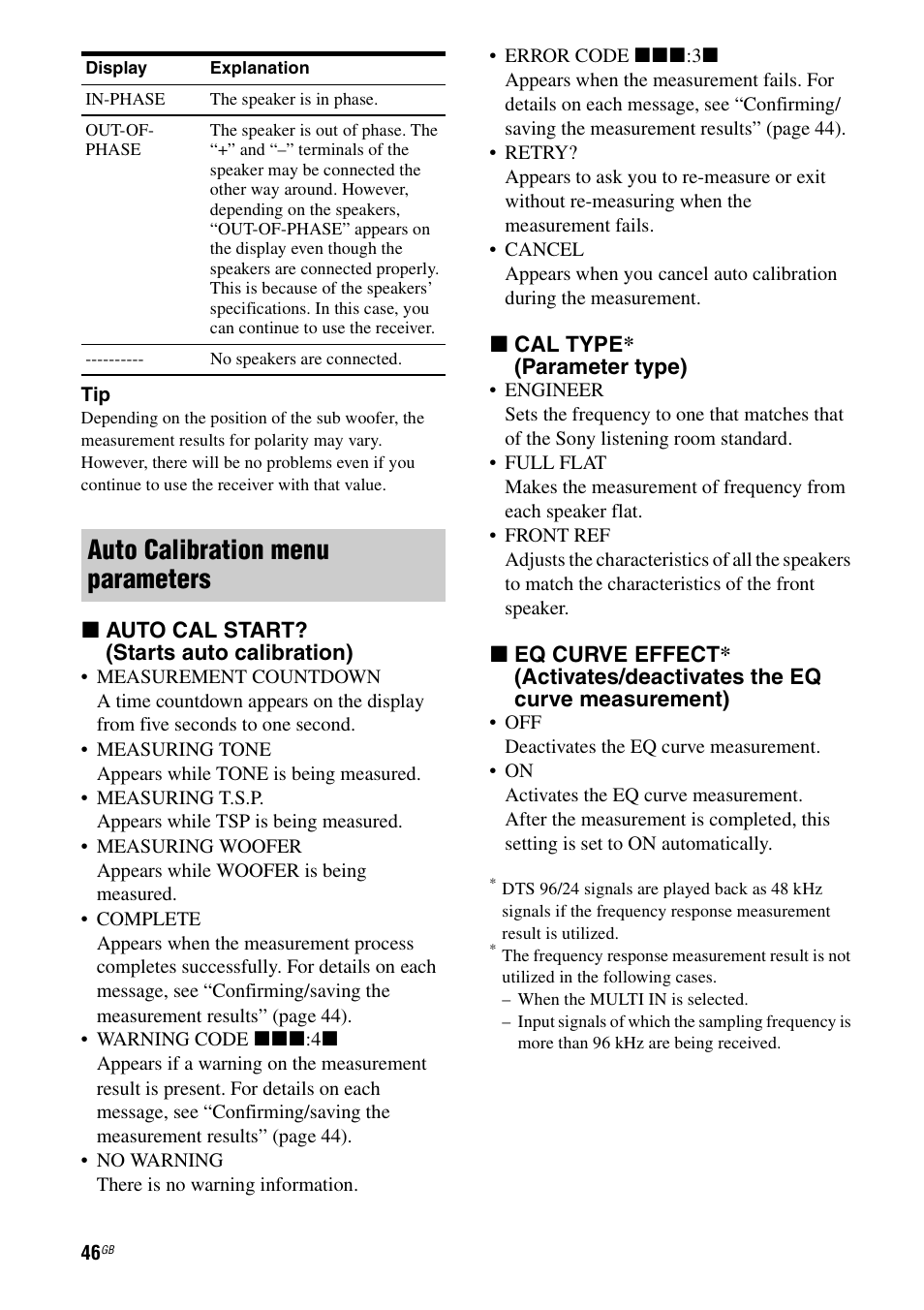 Auto calibration menu parameters | Sony STR-DG1000 User Manual | Page 46 / 123