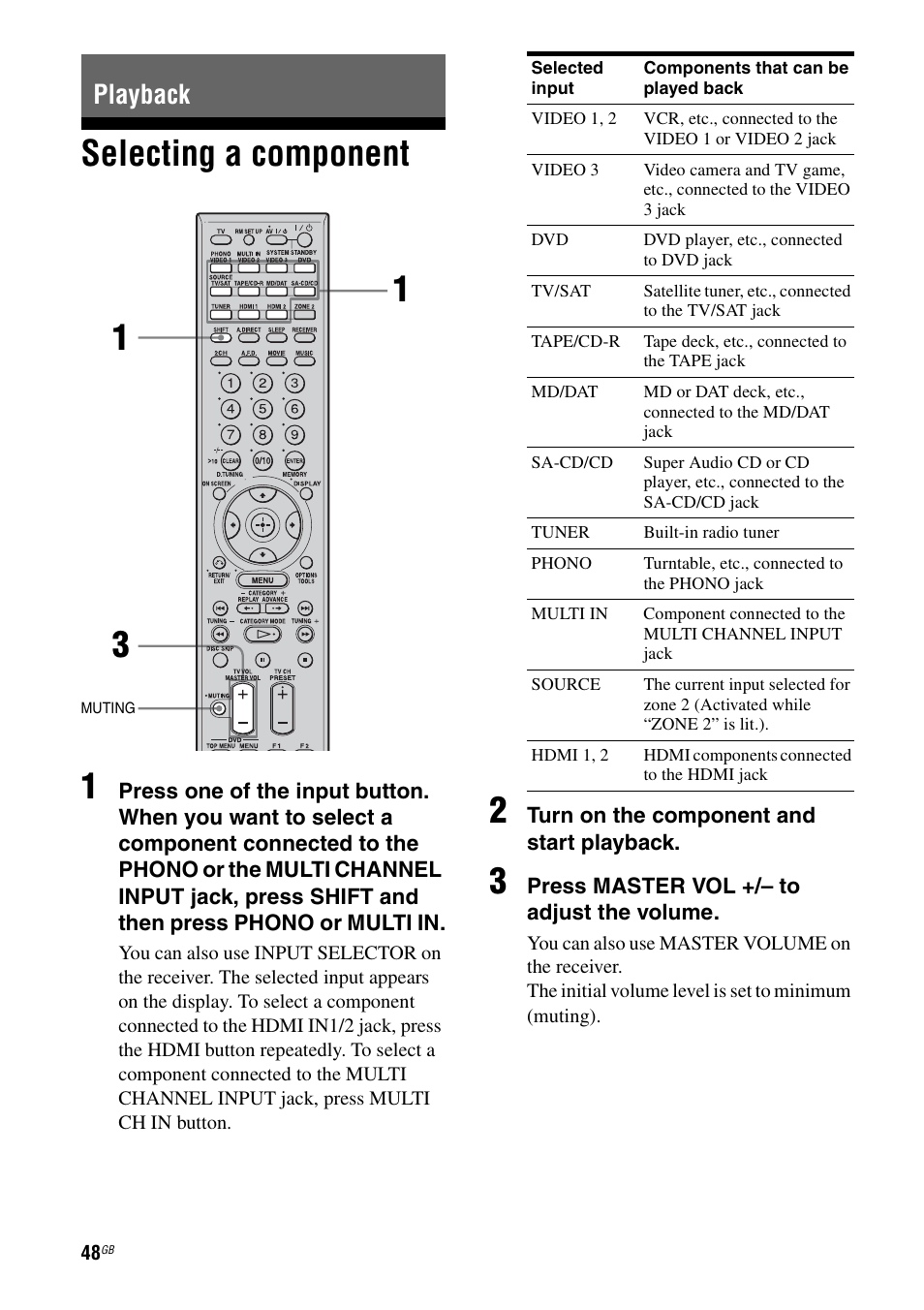 Playback, Selecting a component, E 48 | E 48), Selecting a component 1 | Sony STR-DG1000 User Manual | Page 48 / 123