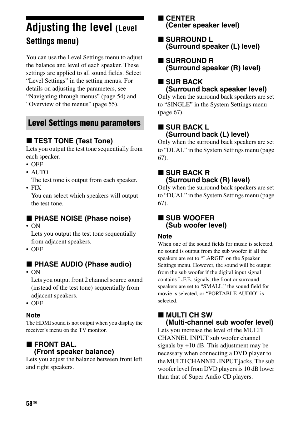 Adjusting the level (level settings menu), Adjusting the level, Level settings menu) | Ge 58, Level settings menu parameters | Sony STR-DG1000 User Manual | Page 58 / 123