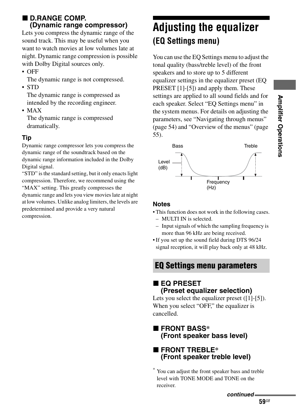 Adjusting the equalizer (eq settings menu), Adjusting the equalizer, Eq settings menu) | E 59), Ge 59, Eq settings menu parameters | Sony STR-DG1000 User Manual | Page 59 / 123