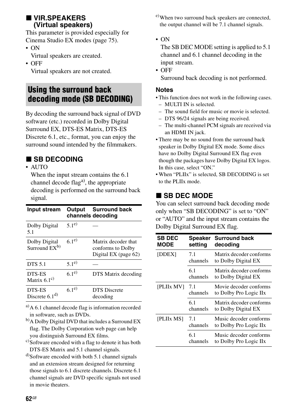 E 62), X vir.speakers (virtual speakers), X sb decoding | X sb dec mode | Sony STR-DG1000 User Manual | Page 62 / 123