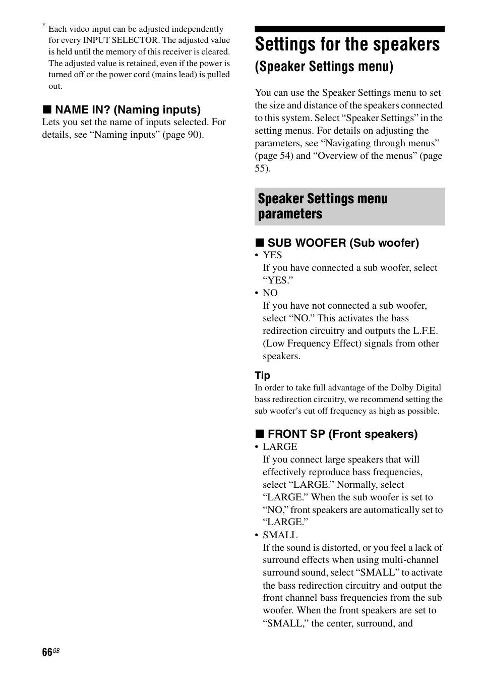 Settings for the speakers (speaker settings menu), Settings for the speakers, Speaker settings menu) | E 66, Ge 66, Speaker settings menu parameters | Sony STR-DG1000 User Manual | Page 66 / 123