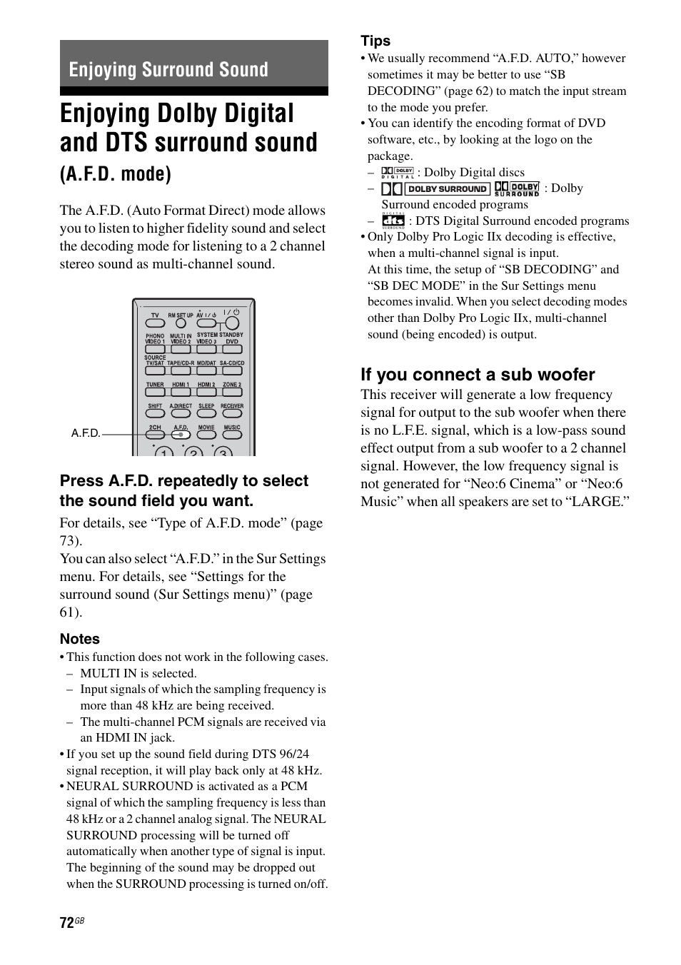 Enjoying surround sound, Enjoying dolby digital and dts surround, Sound (a.f.d. mode) | E 72), See “enjoying surround sound, Enjoying dolby digital and dts surround sound, A.f.d. mode), If you connect a sub woofer | Sony STR-DG1000 User Manual | Page 72 / 123