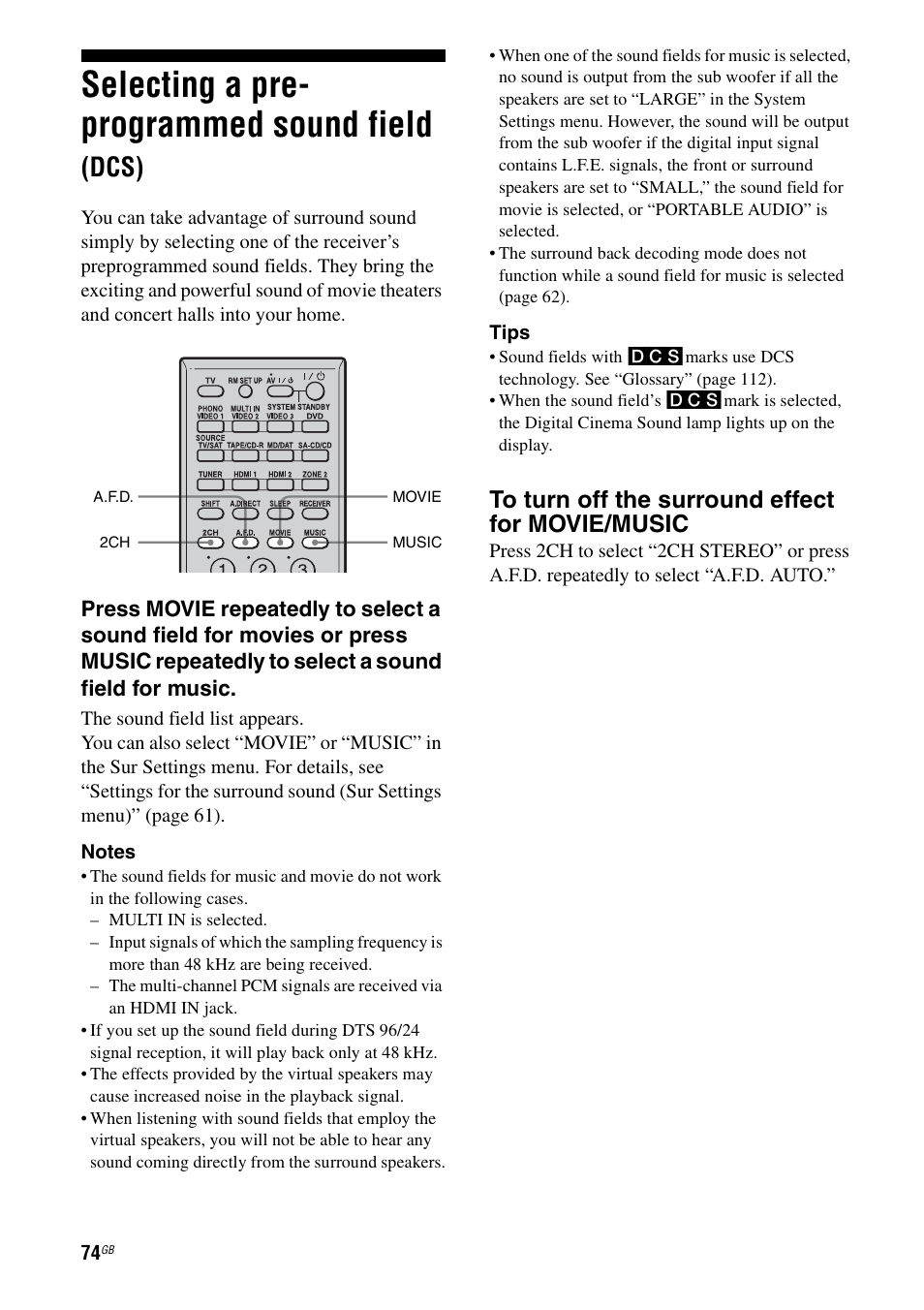 Selecting a pre- programmed sound field (dcs), Selecting a pre-programmed sound field, Dcs) | Selecting a pre- programmed sound field | Sony STR-DG1000 User Manual | Page 74 / 123