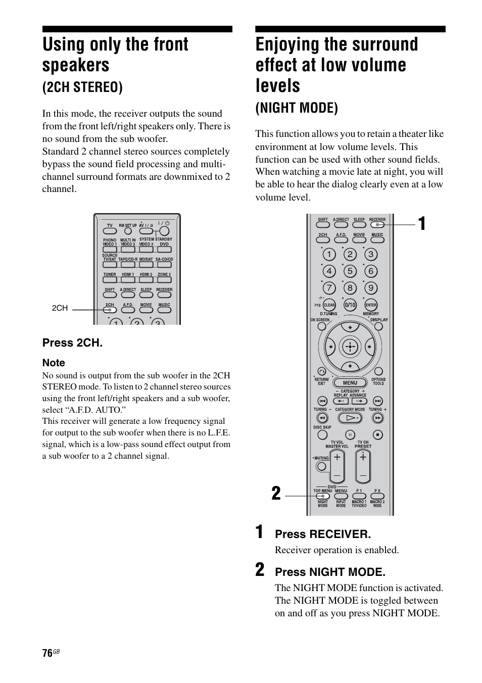 Using only the front speakers (2ch stereo), Using only the front speakers, 2ch stereo) | Enjoying the surround effect at low volume, Levels (night mode), Enjoying the surround effect at low volume levels | Sony STR-DG1000 User Manual | Page 76 / 123