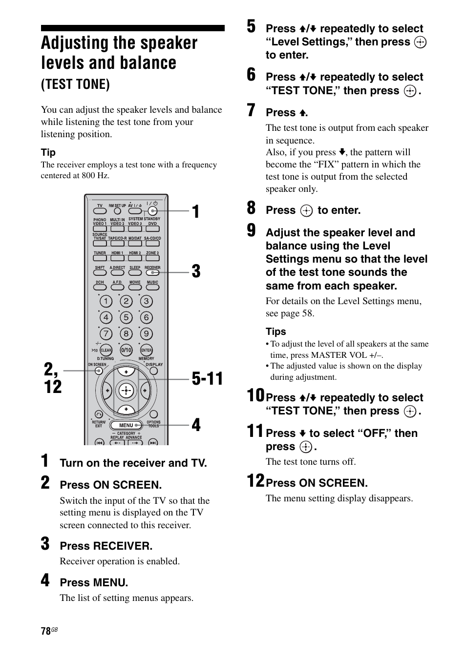 Adjusting the speaker levels and balance, Test tone) | Sony STR-DG1000 User Manual | Page 78 / 123