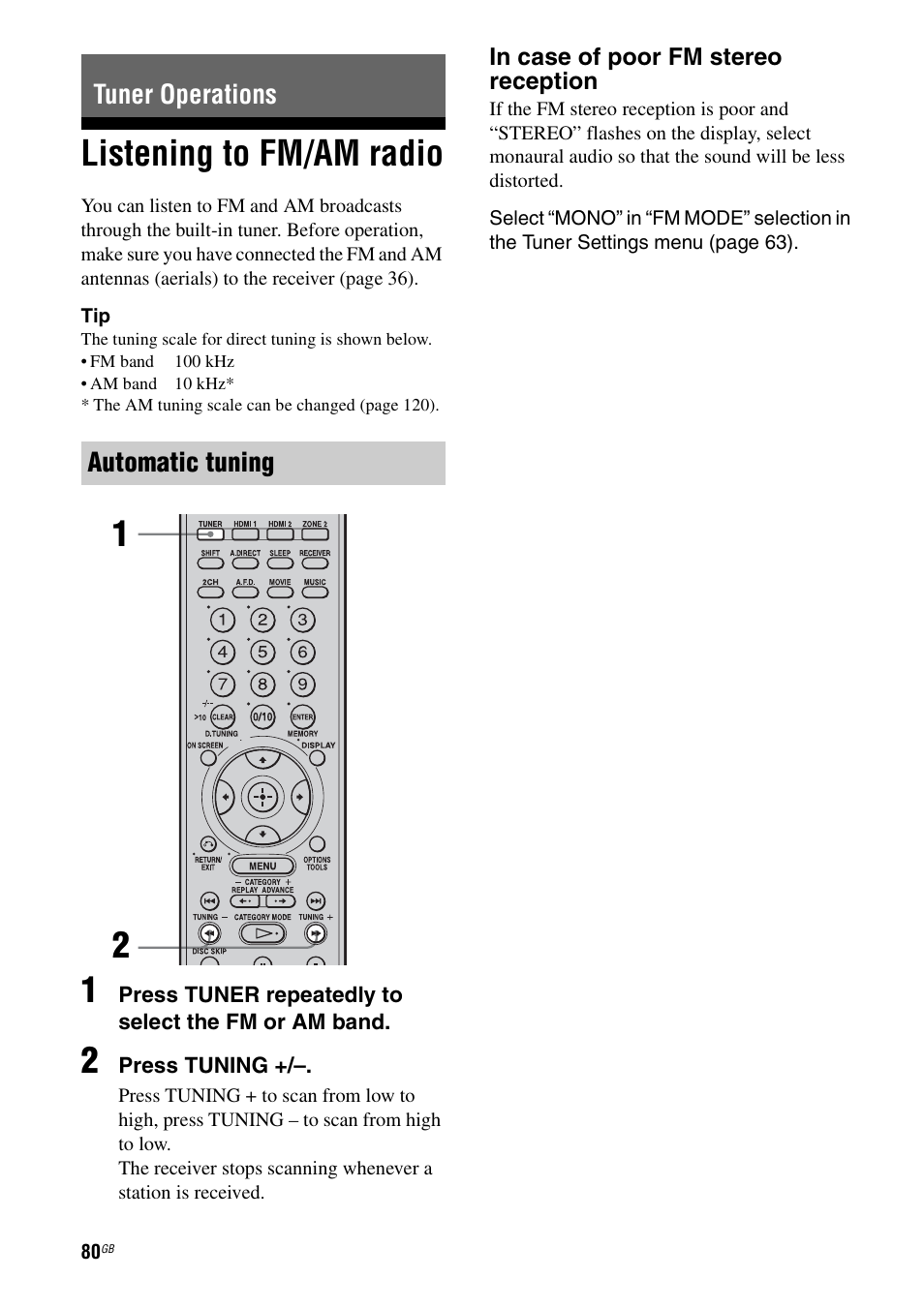 Tuner operations, Listening to fm/am radio, E 80 | Tuner operations automatic tuning | Sony STR-DG1000 User Manual | Page 80 / 123