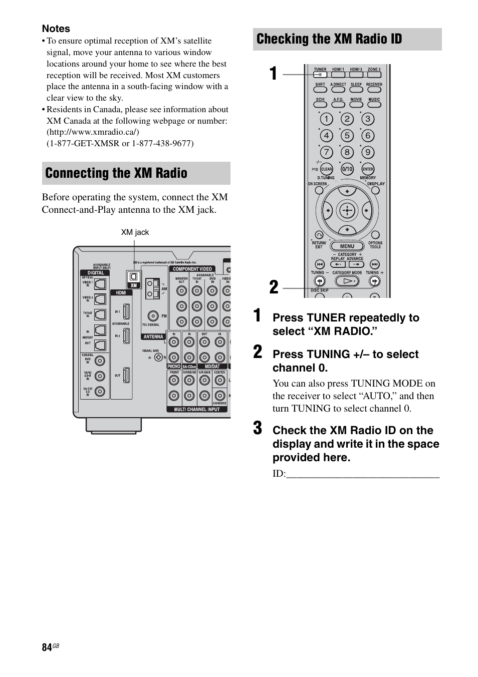 Checking the xm radio id, Connecting the xm radio | Sony STR-DG1000 User Manual | Page 84 / 123