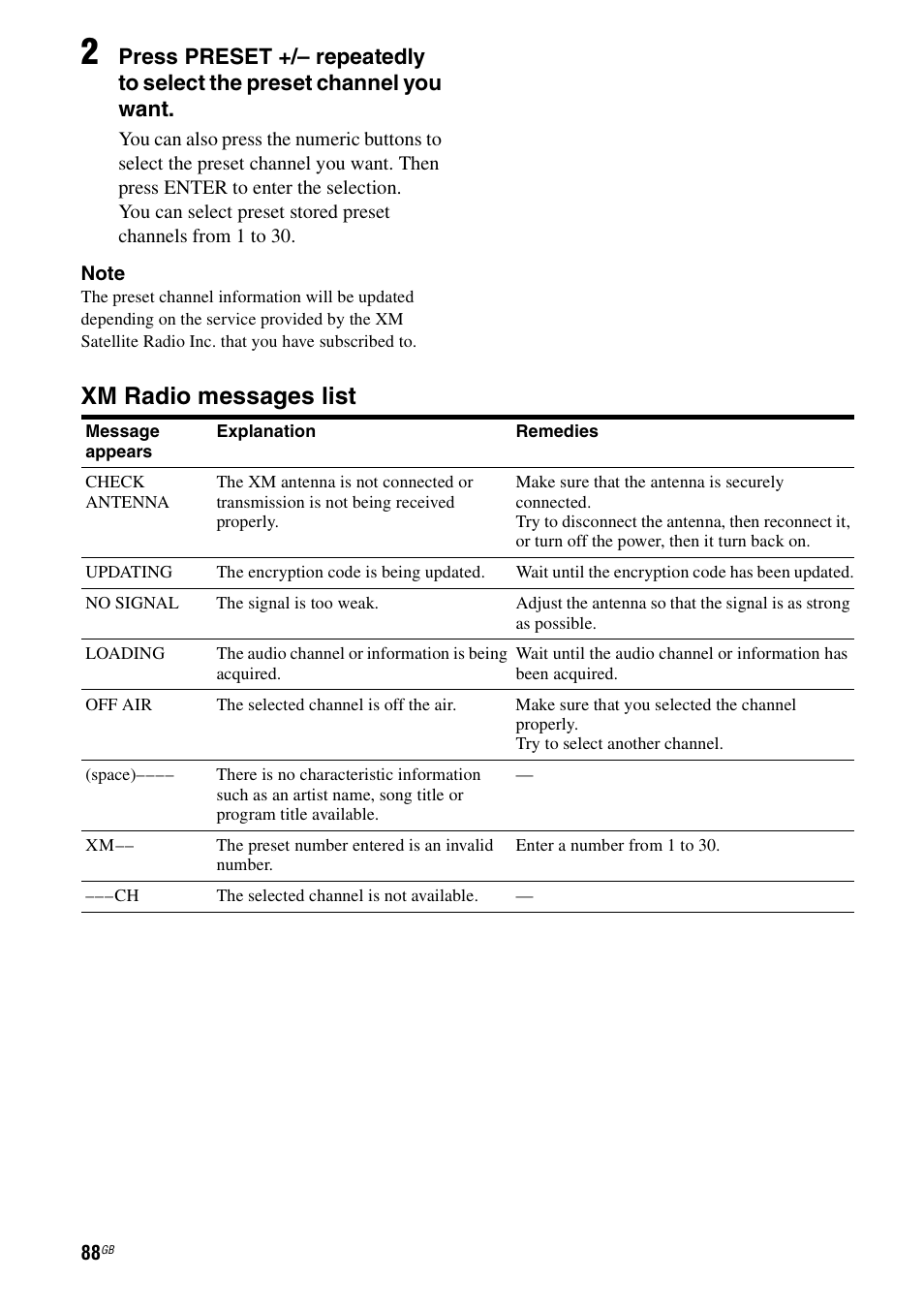 Xm radio messages list | Sony STR-DG1000 User Manual | Page 88 / 123