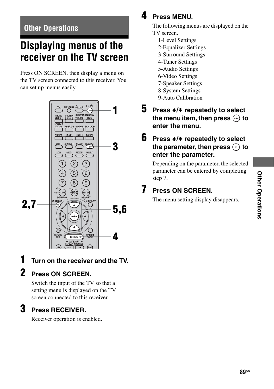 Other operations, Displaying menus of the receiver on the tv screen, Displaying menus of the receiver on the tv | Screen, E 89 | Sony STR-DG1000 User Manual | Page 89 / 123