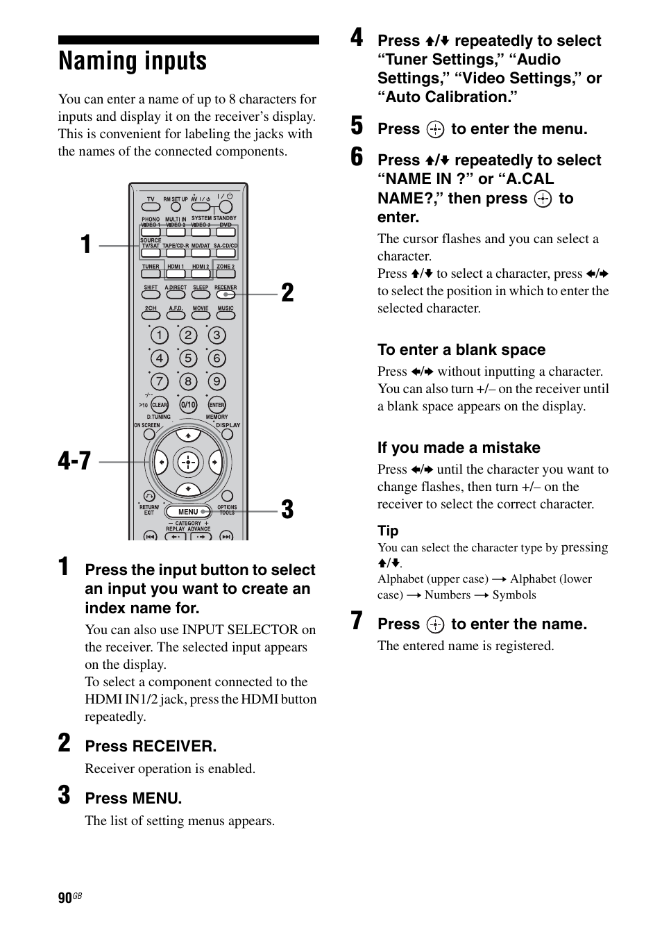 Naming inputs, 90) etc, E 90 | Ge 90 | Sony STR-DG1000 User Manual | Page 90 / 123