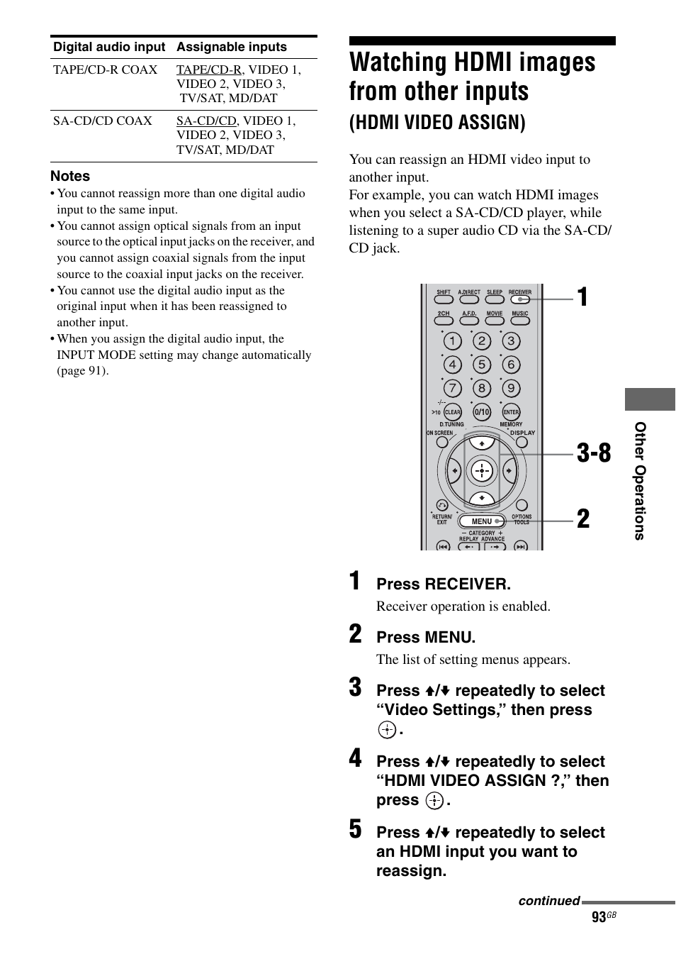 Watching hdmi images from other inputs, Hdmi video assign), E 93 | Sony STR-DG1000 User Manual | Page 93 / 123